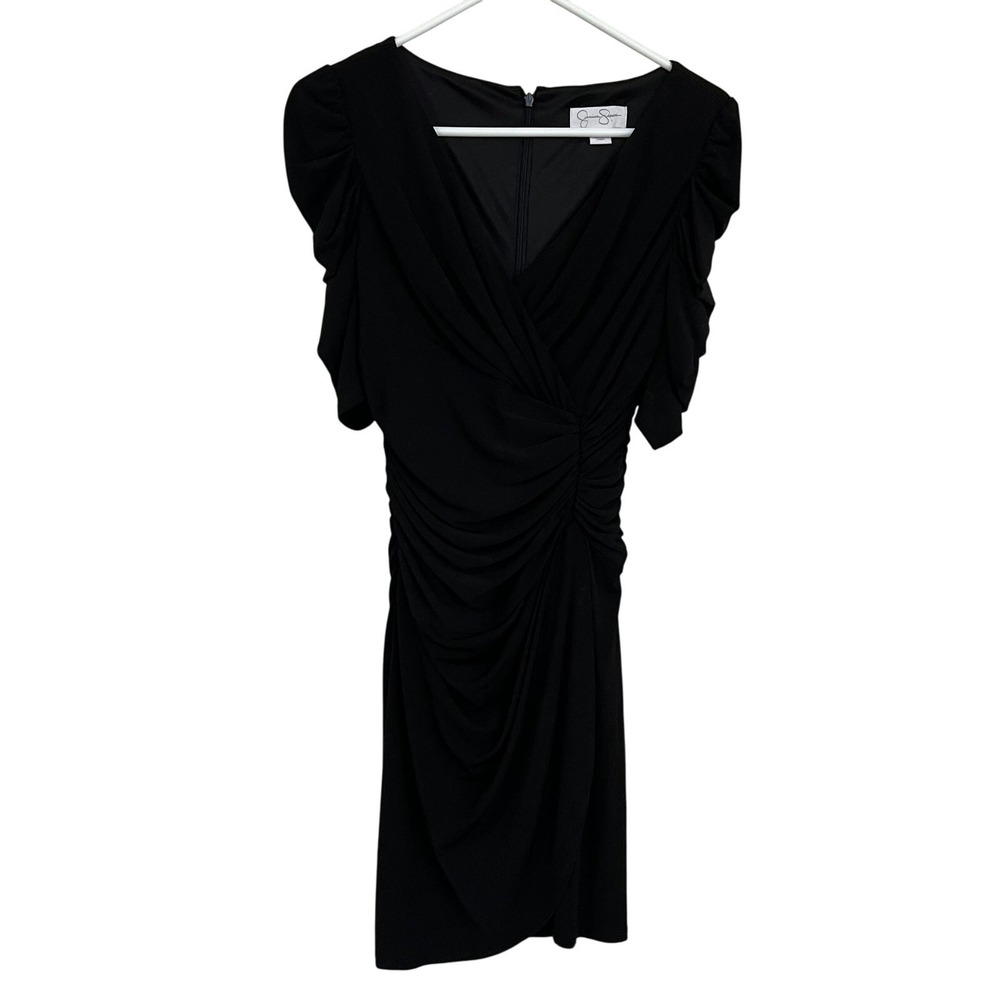Jessica Simpson Dress‎ Womens 6 Black Ruched Fitted Faux Wrap Above Knee LBD